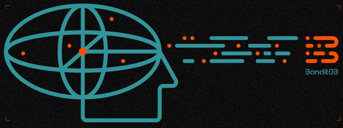 The BanditDB key visual: a head drawn as intersecting teal ellipses with orange points inside, sending a stream of dots and dashes into the B mark
